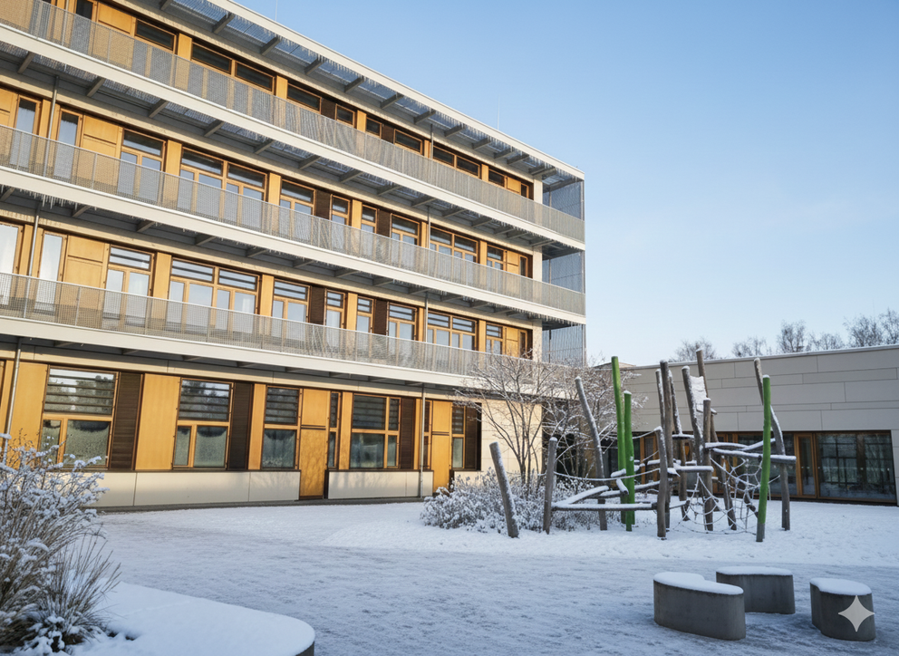 Pausenhof der Marieluise-Fleißer-Realschule mit Weihnachtsbaum